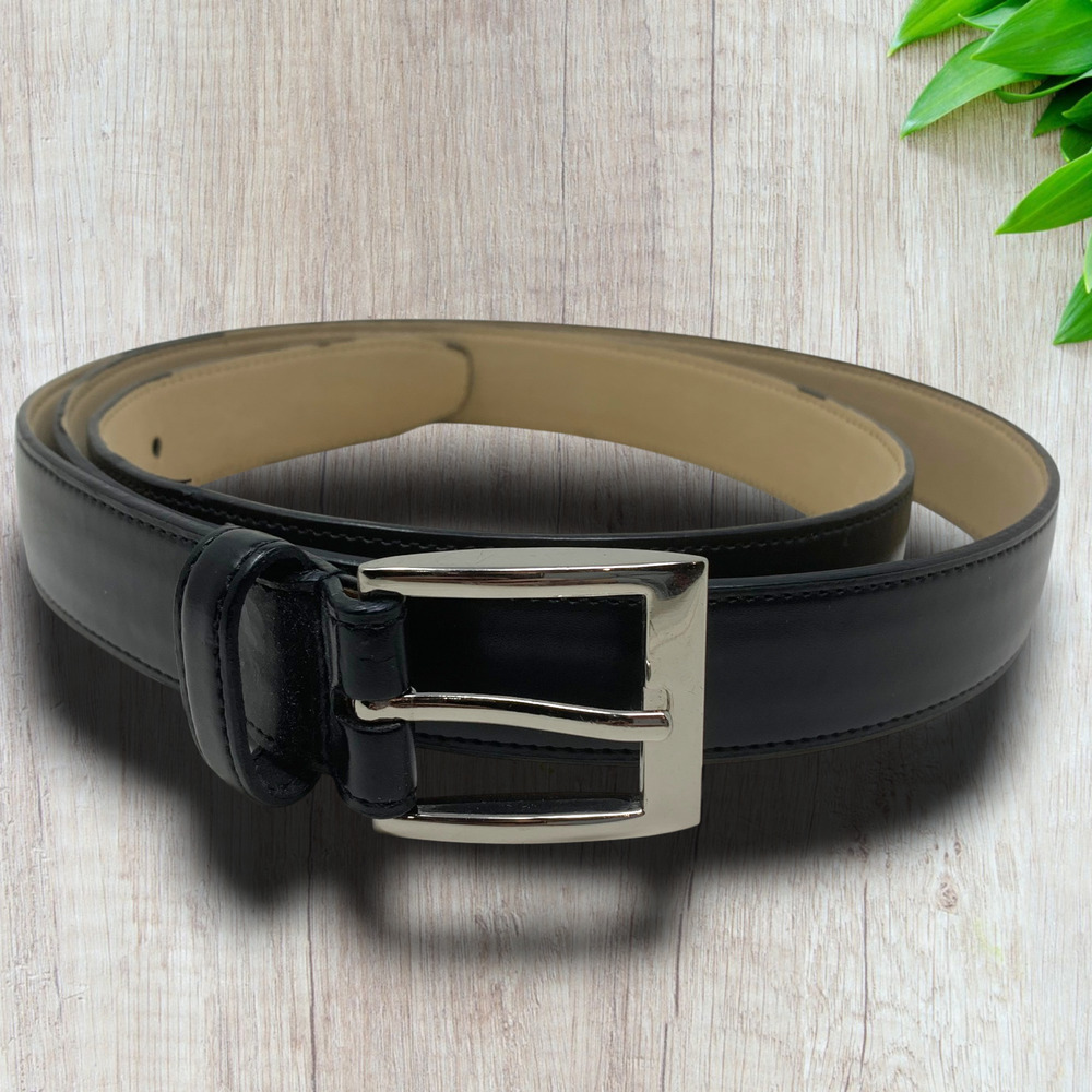 Black Bonded Vegan Leather Dress Belt Men's Sz 48 Silver Buckle Hardware